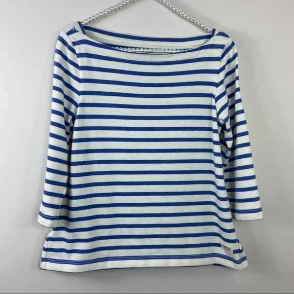 Kate Spade Stripe Brooke Street Ruffle Blue & Cream Pima Cotton Top Large - Picture 4 of 9